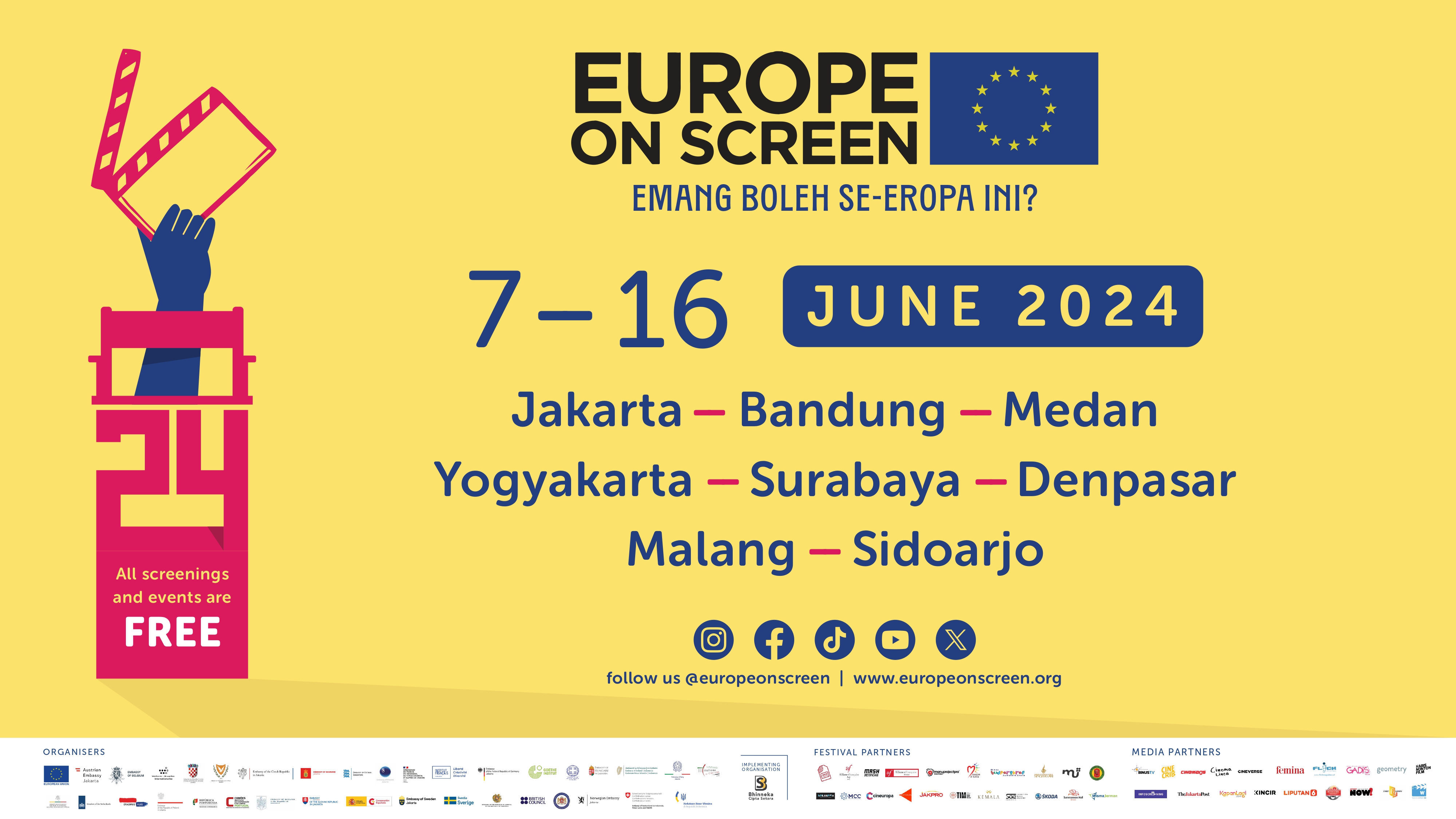 Official poster of Europe on Screen 2024, with cities and logos