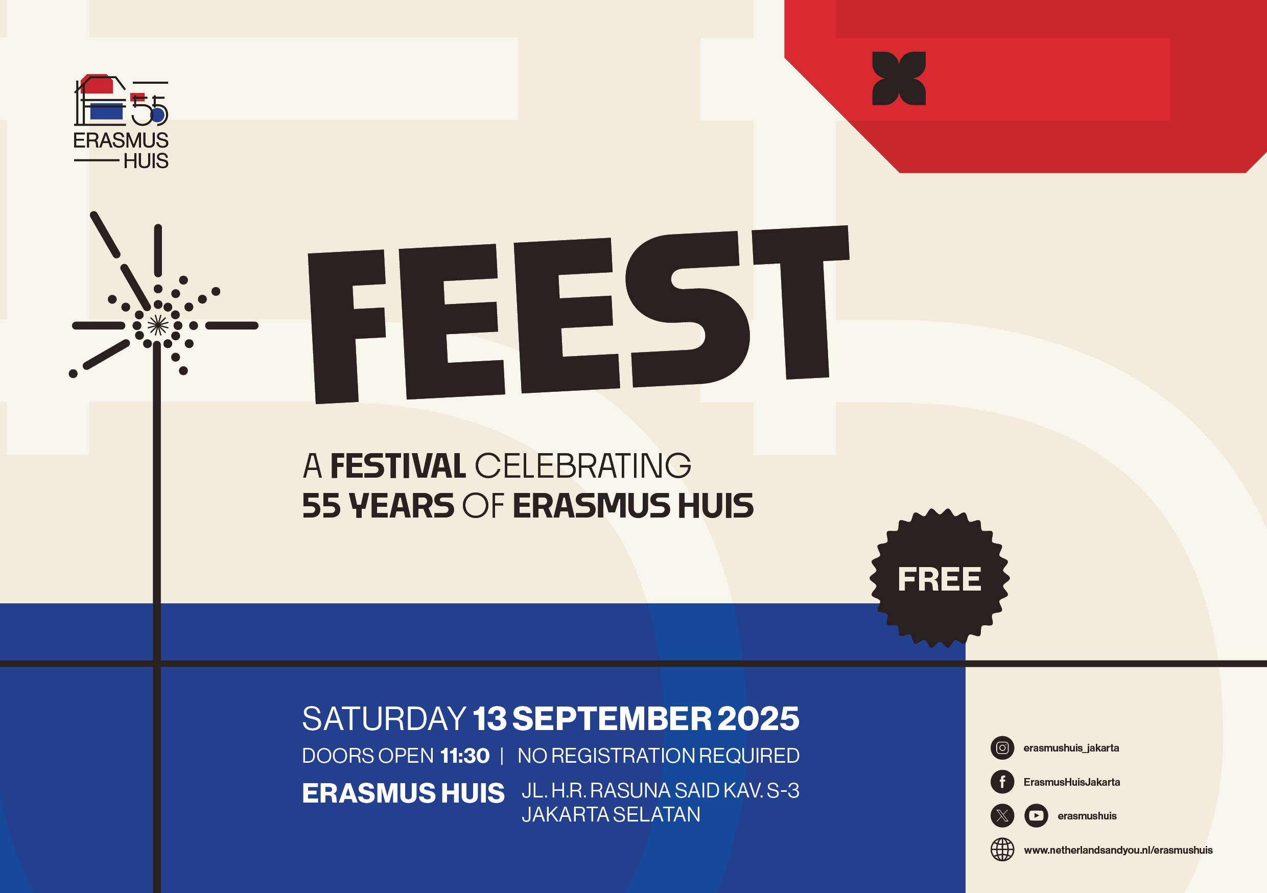 Flyer for Feest, celebrating 55 years of Erasmus Huis