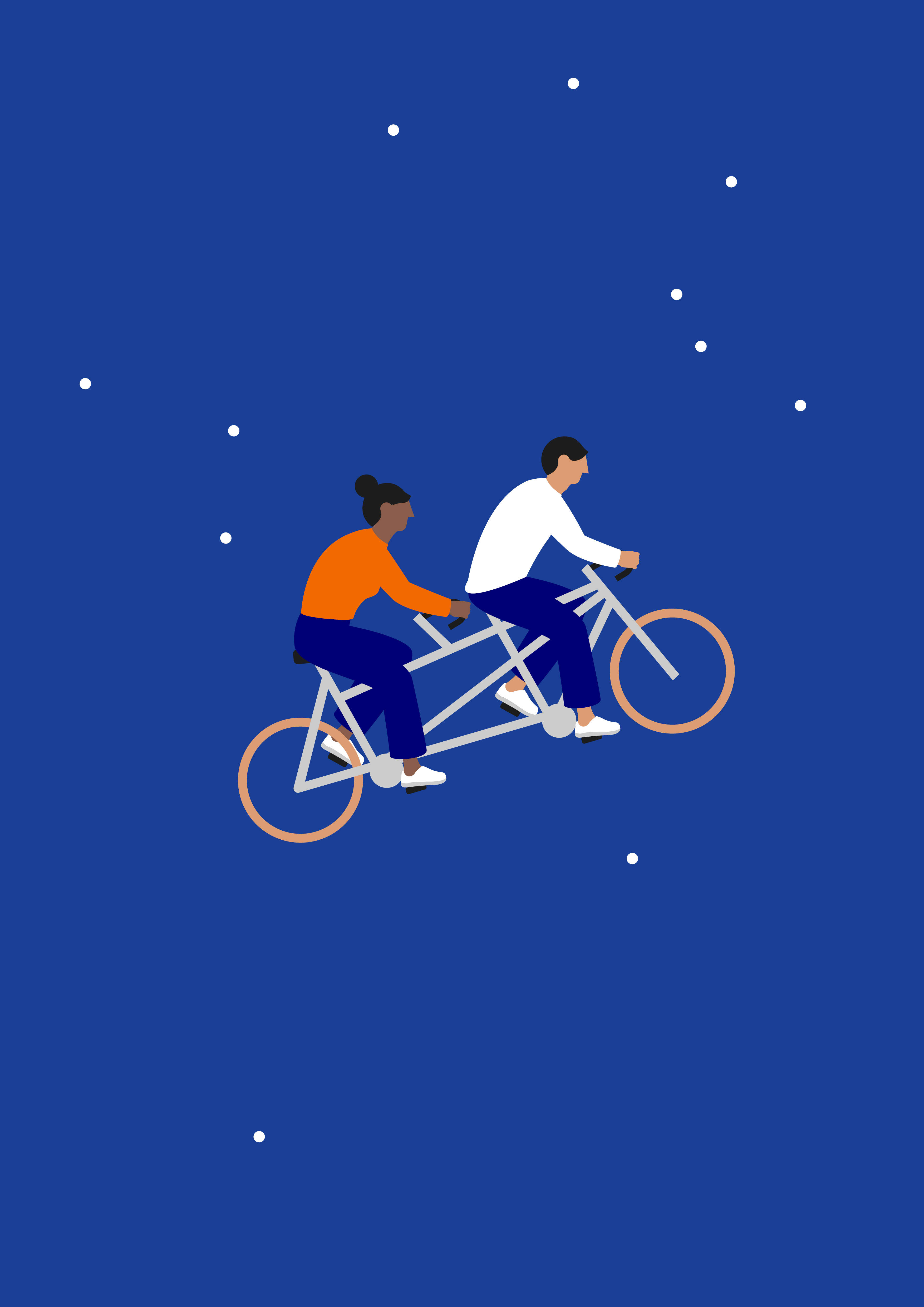 a twin-bicycle with two persons climbing for the stars.