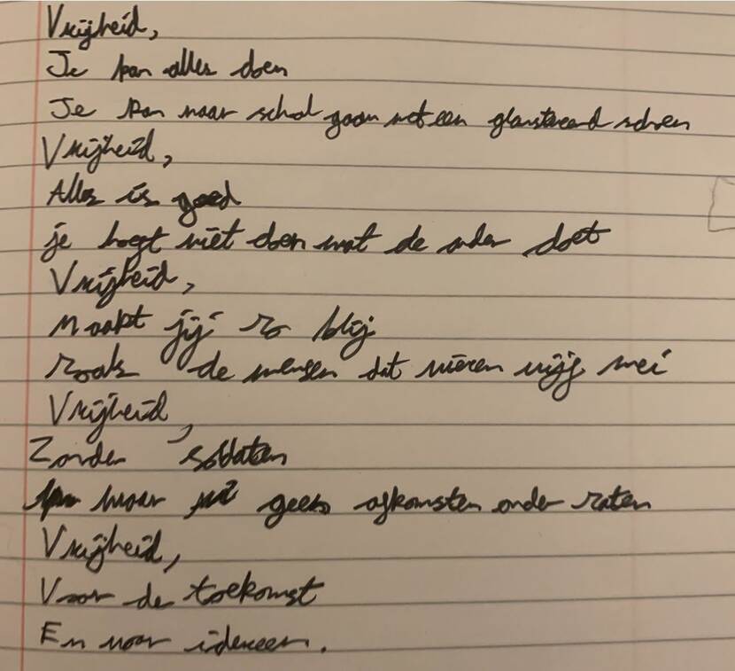 Poem made by a pupil of the Dutch Regenboogschool